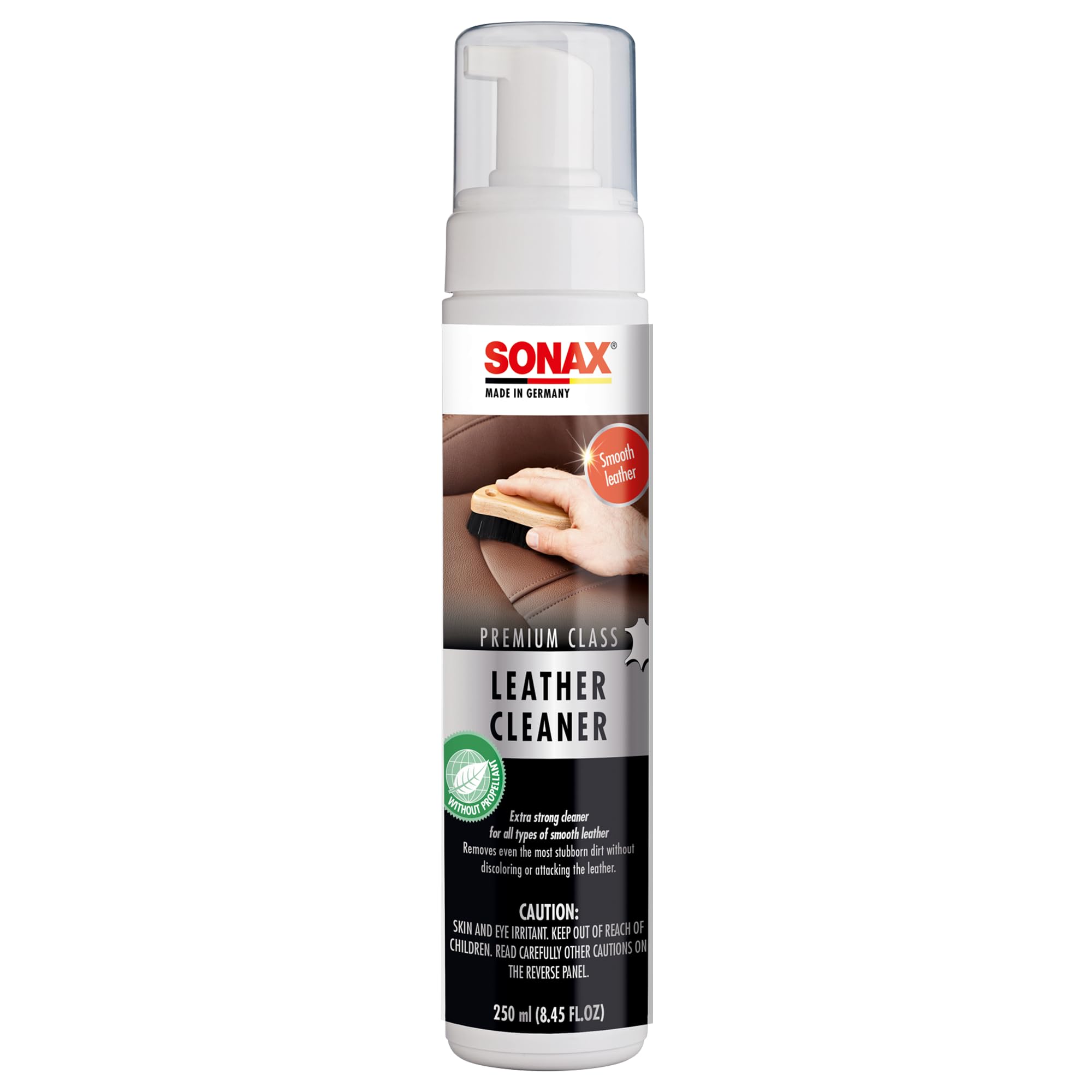 Sonax Premium Class Leather Cleaner shows foam dispersion for easy deep cleaning