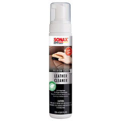 Sonax Premium Class Leather Cleaner shows foam dispersion for easy deep cleaning