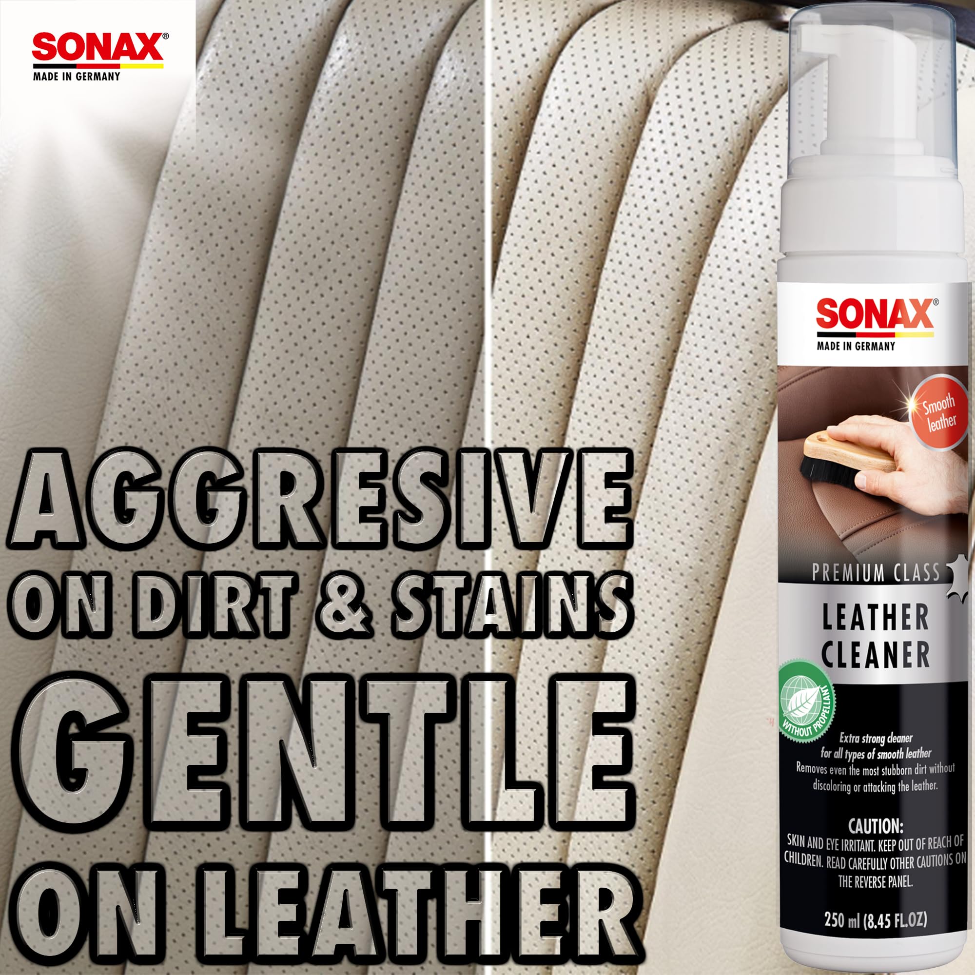 Sonax Premium Class Leather Cleaner safely cleans perforated leather