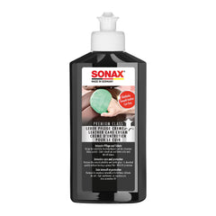 SONAX Premium Leather Care Cream bottle shows conditioning and protection.