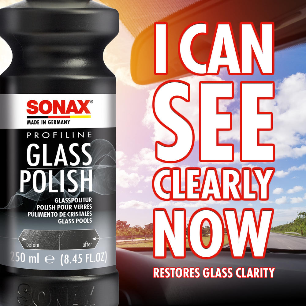 SONAX PROFILINE GlassPolish bottle illustrates etching removal on glass.