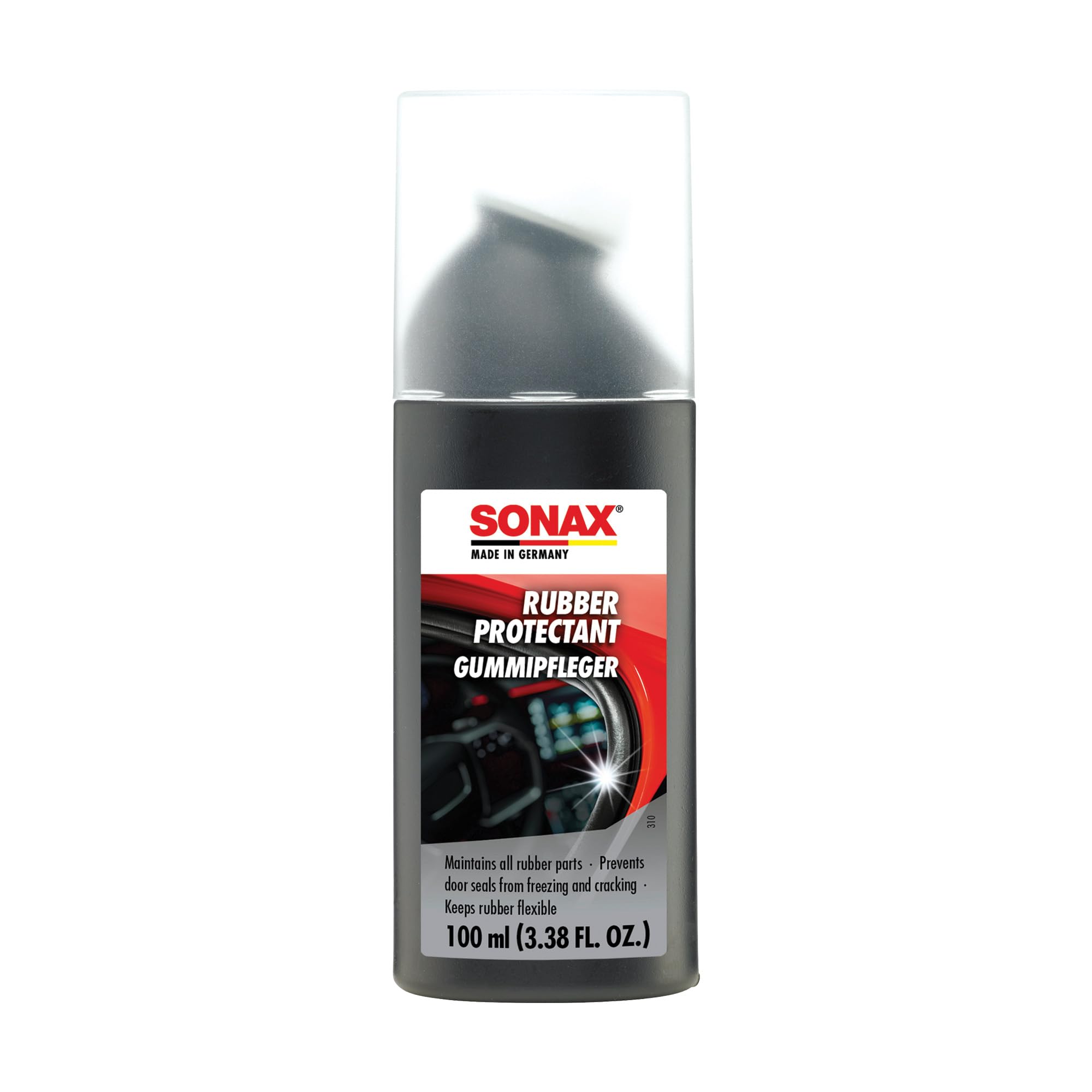 SONAX Rubber Protectant bottle close-up applying to door seals for winter protection