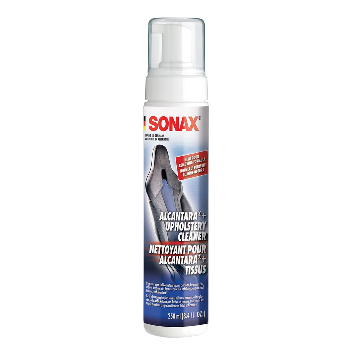 SONAX upholstery cleaner bottle with foam pump for easy treatment.
