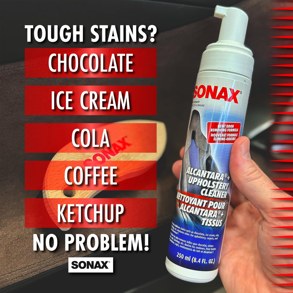 SONAX foam application on Alcantara upholstery for deep cleansing.