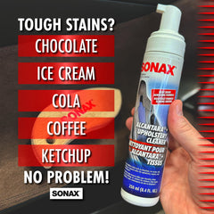 SONAX foam application on Alcantara upholstery for deep cleansing.
