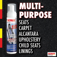 SONAX seat cleaning in progress on Alcantara fabric surfaces.