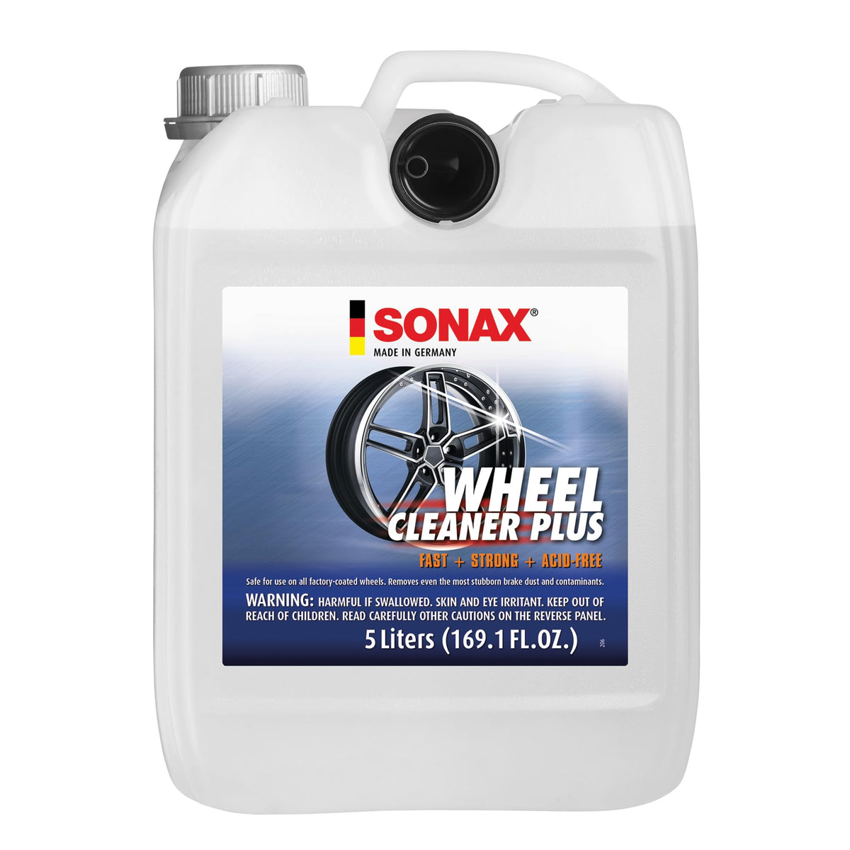 Sonax Wheel Cleaner Plus bottle pour demonstrates easy application for brake dust removal.