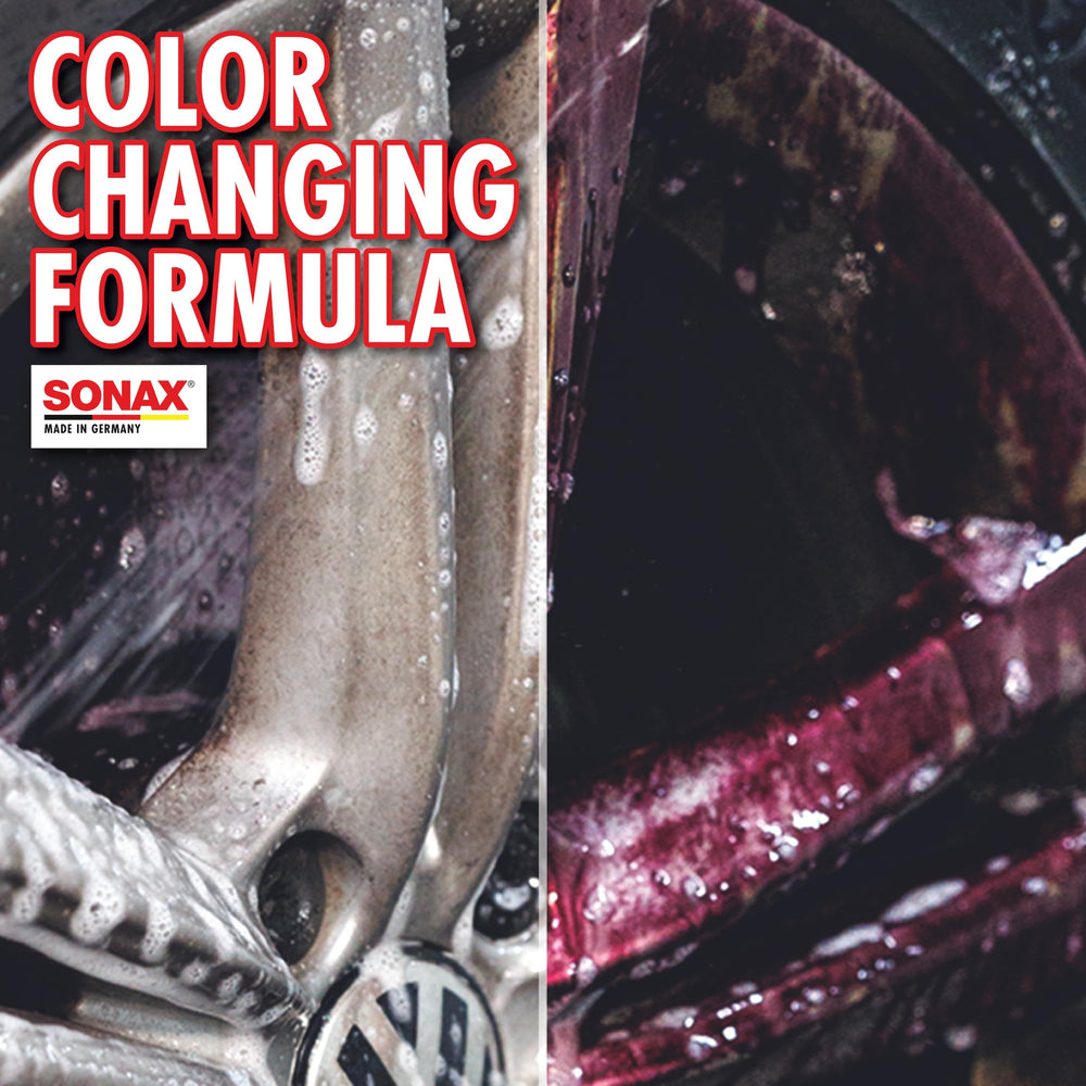 Sonax Wheel Cleaner Plus brake dust closeup reveals tough grime breakdown on wheels.