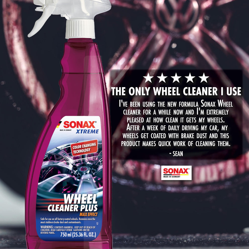 Sonax Wheel Cleaner Plus clean wheel shot hints at showroom-worthy shine.