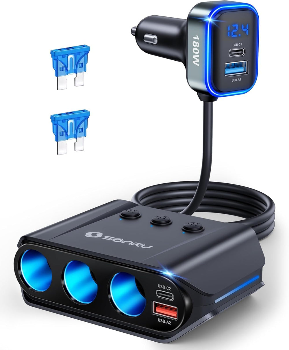 SONRU 7-in-1 car charger overview with multiple ports for simultaneous charging.