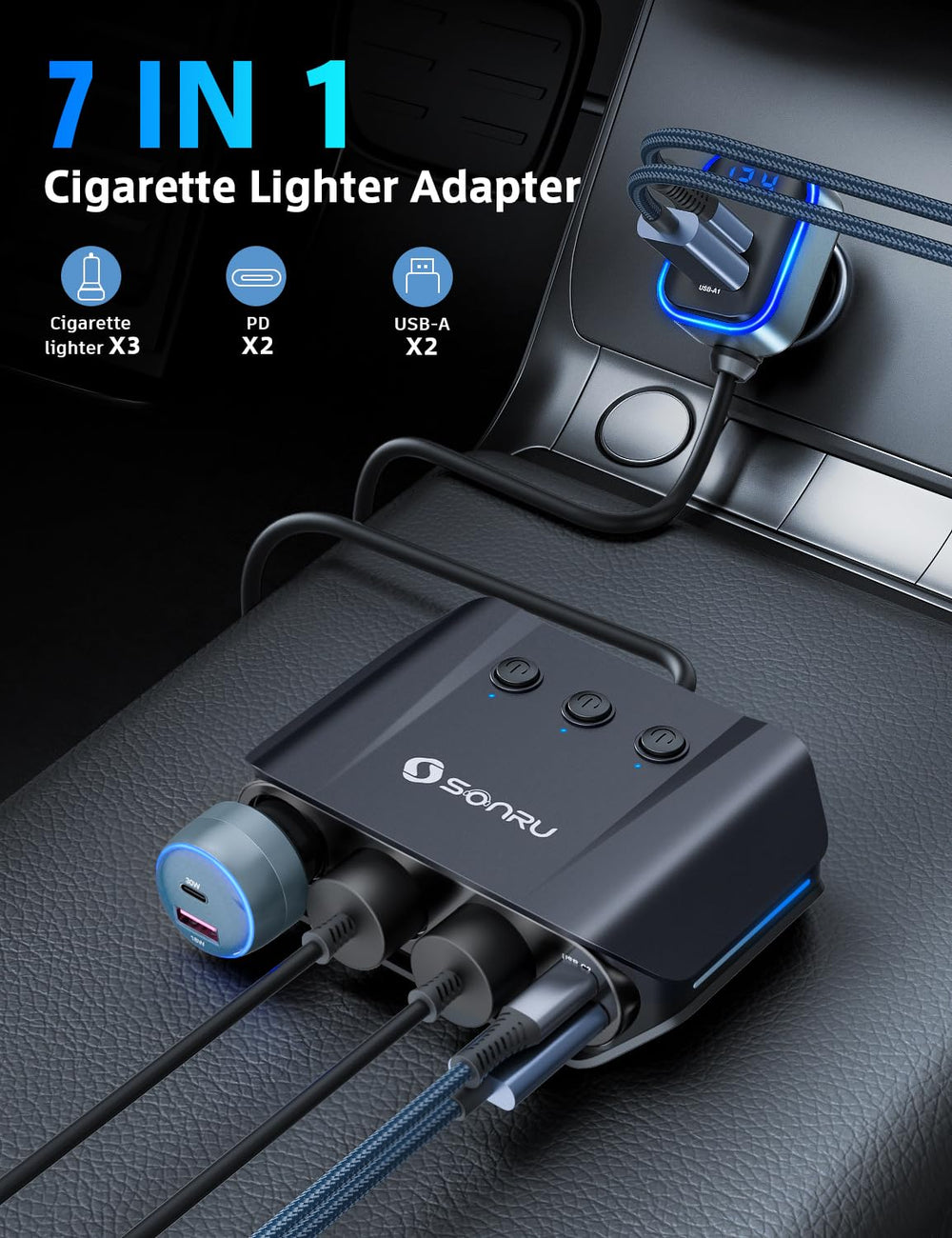 SONRU dual USB-C PD ports close-up for fast charging on the go.