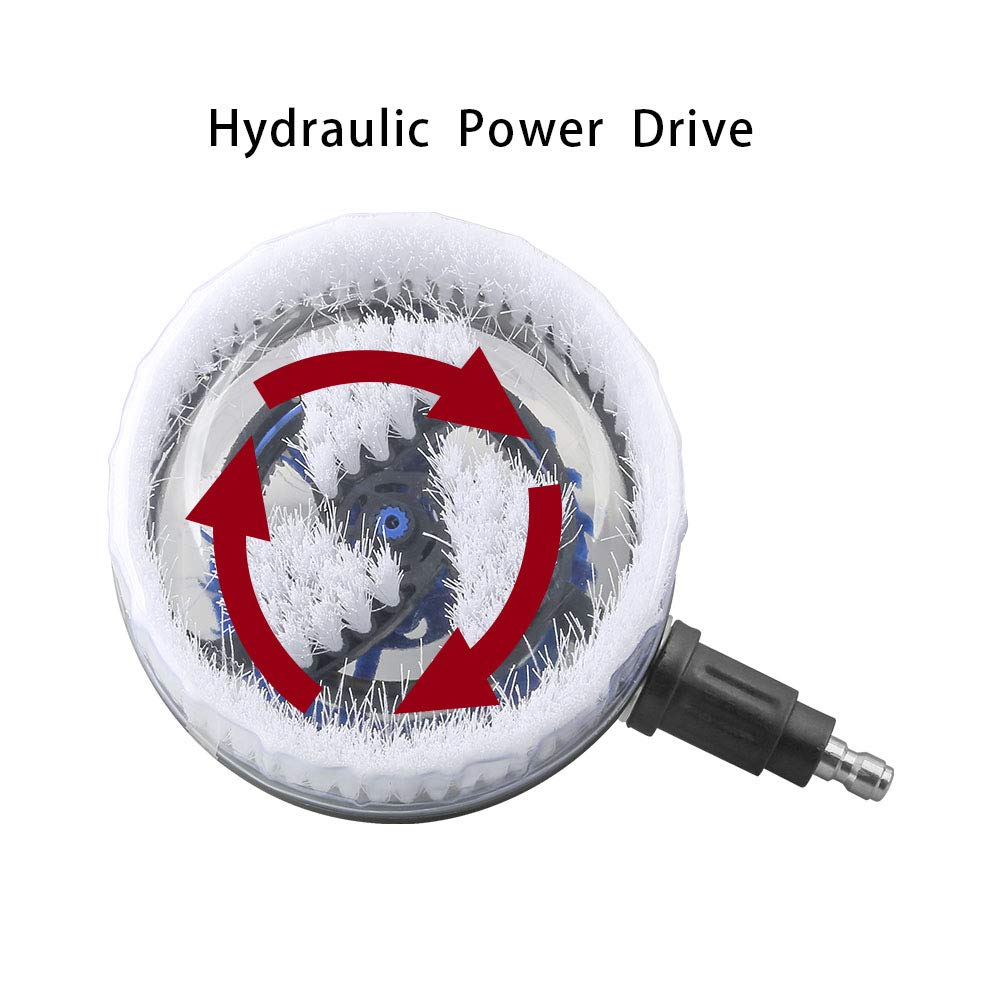 Sooprinse Deluxe rotary brush on wheel hub removing grime with efficient spinning action.
