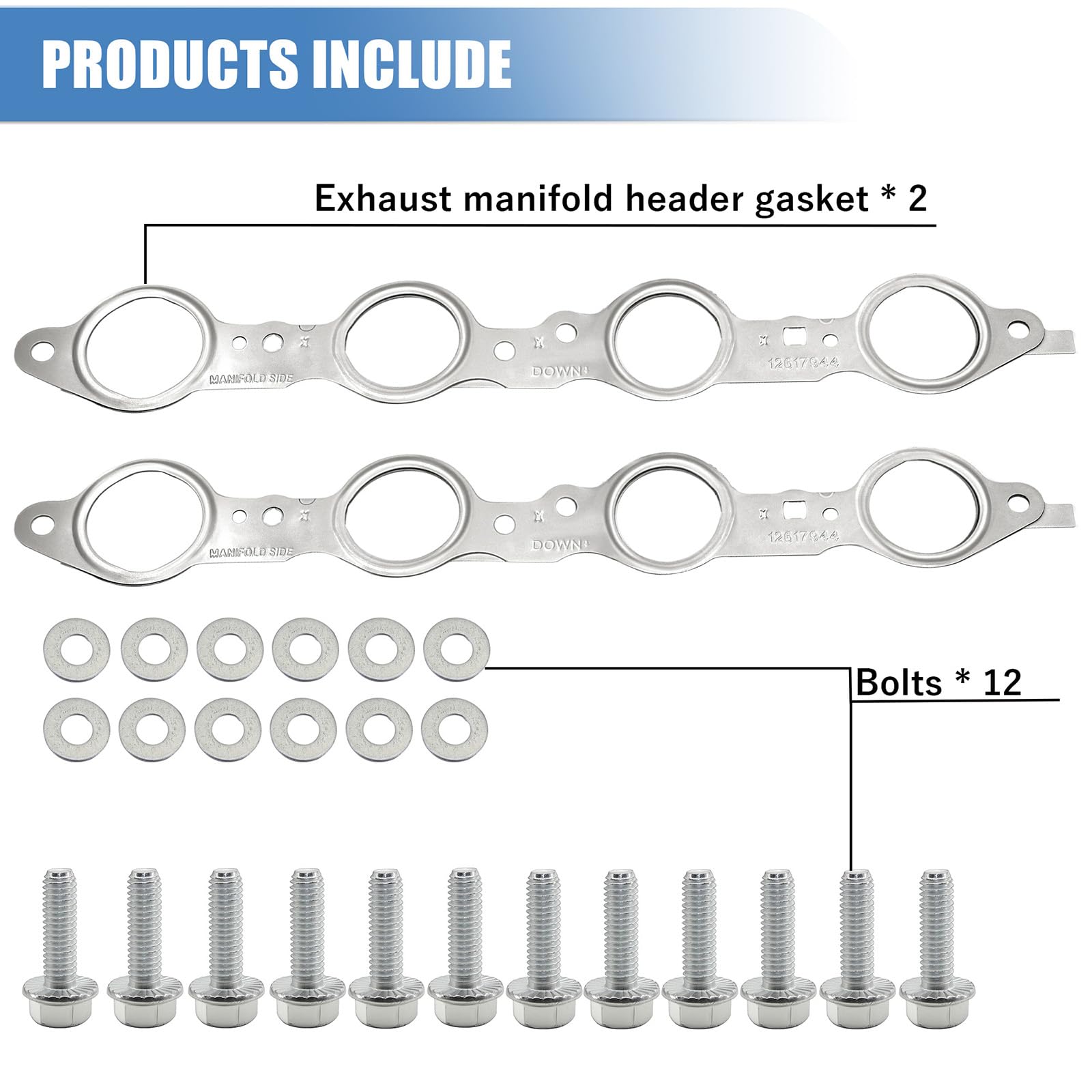 Sorello packaging shows two gaskets and twelve bolts for service