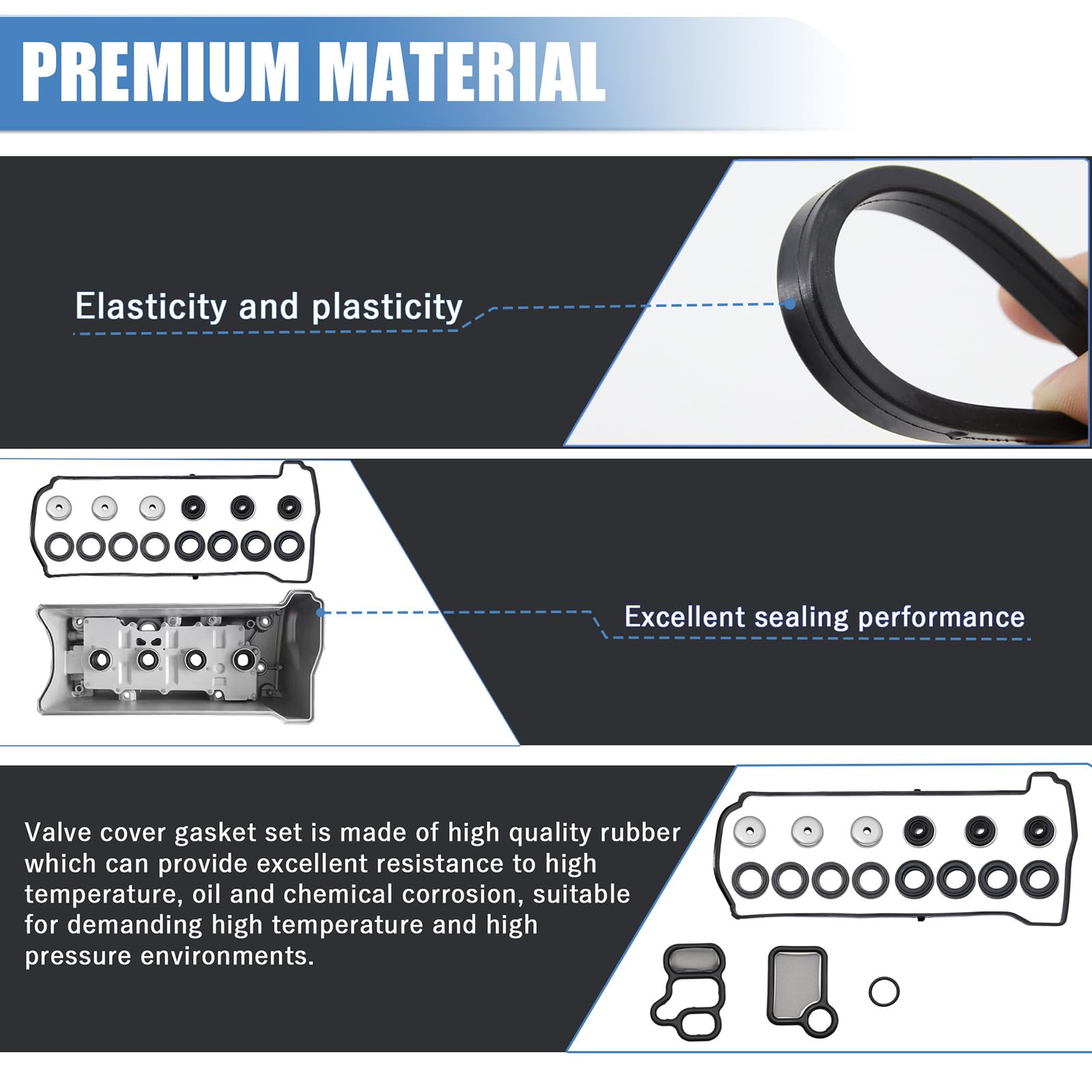 Sorello valve cover gasket set, closeup gasket, rubberized seal for lasting performance.