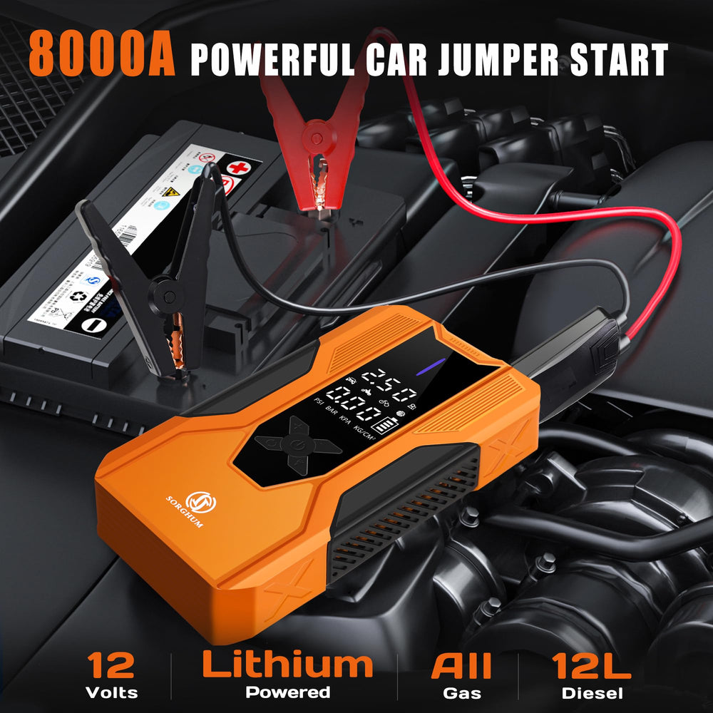 SORGHUM air compressor shows 150 PSI readout for quick inflation.