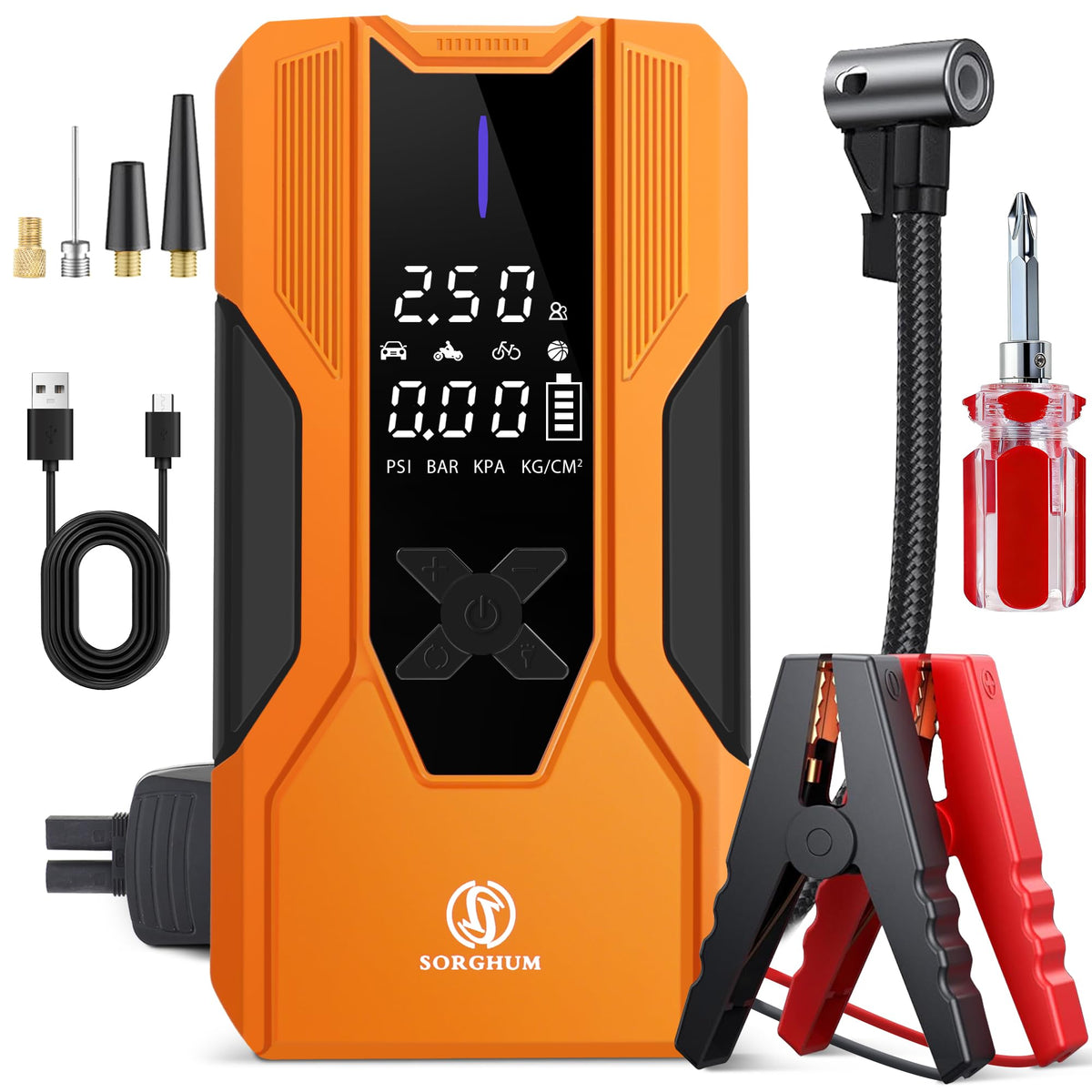 SORGHUM 8000A battery jump starter ready to boost a car engine.