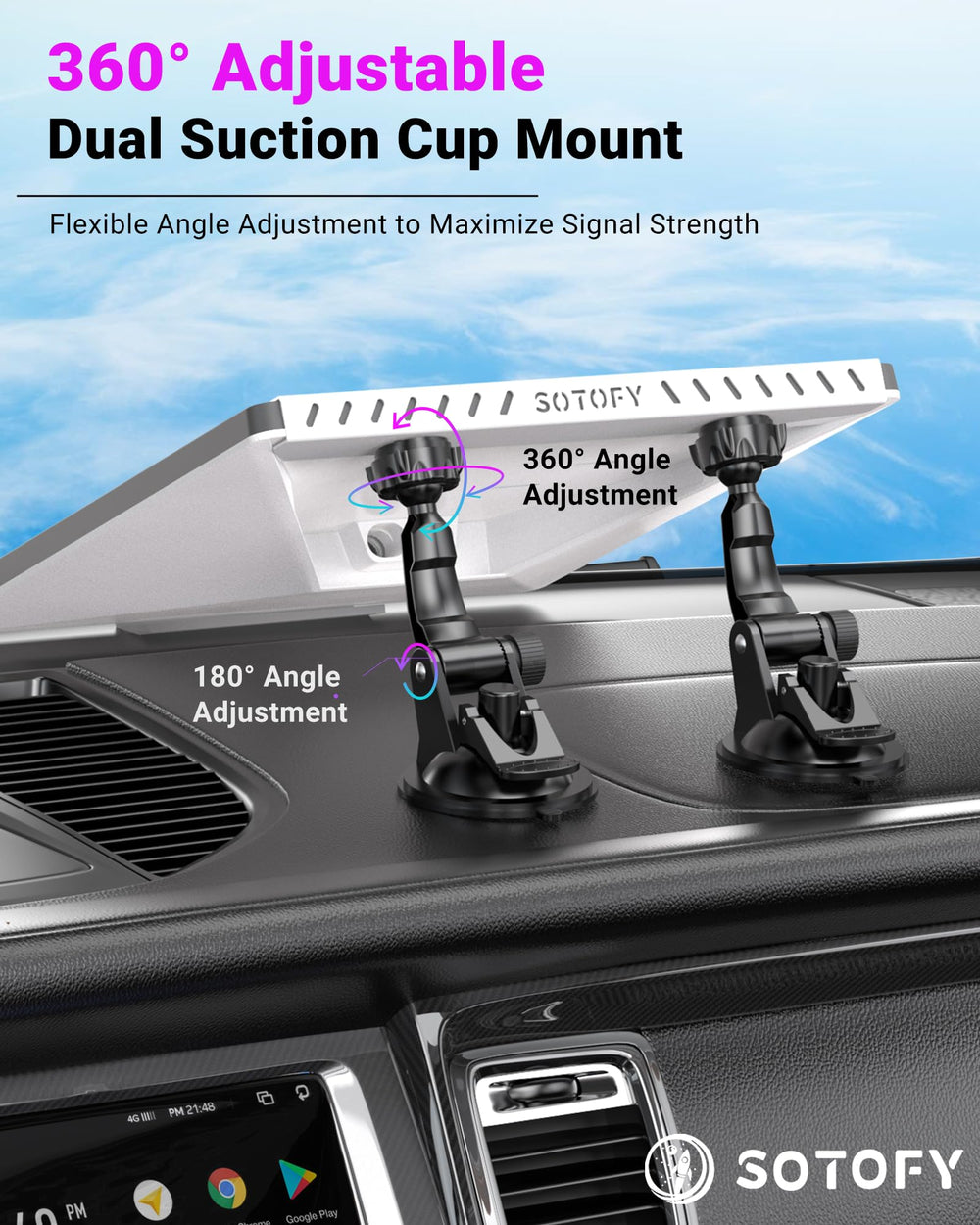 SOTOFY Starlink Mini dash mount 360-degree rotation for precise positioning.
