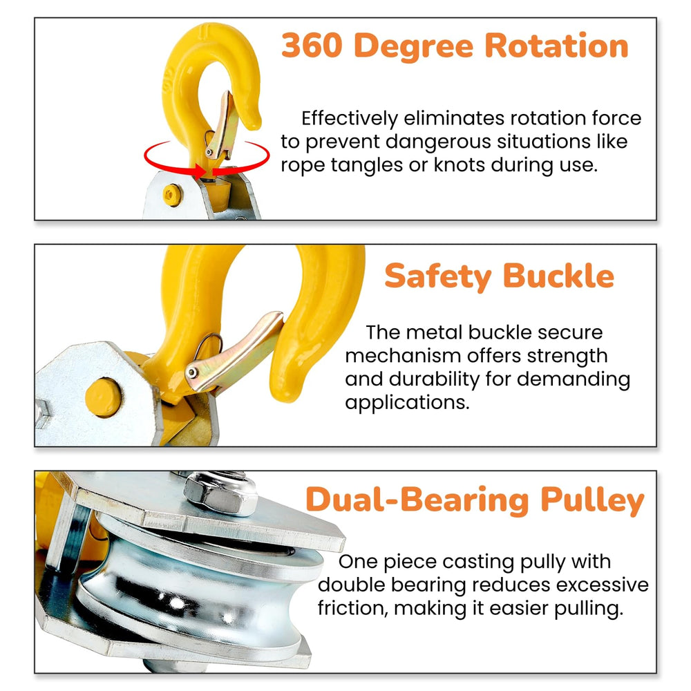 SOUJOY dual-bearing pulley delivers smooth rotation and reduced friction for easier pulling.