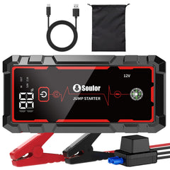 Soulor 5000A jump starter front view; compact design ideal for roadside emergencies.