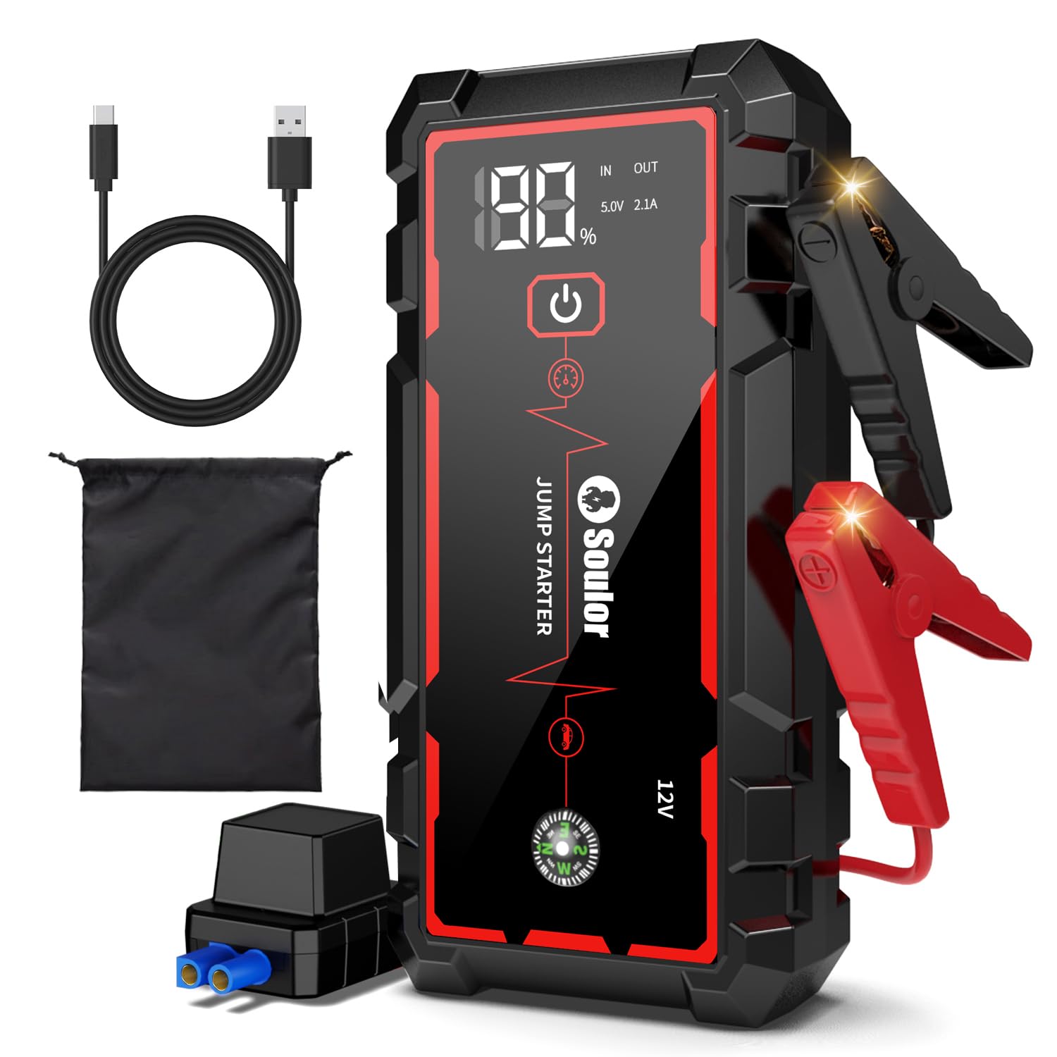 Soulor 5000A jump starter with LED display delivering quick battery boost.