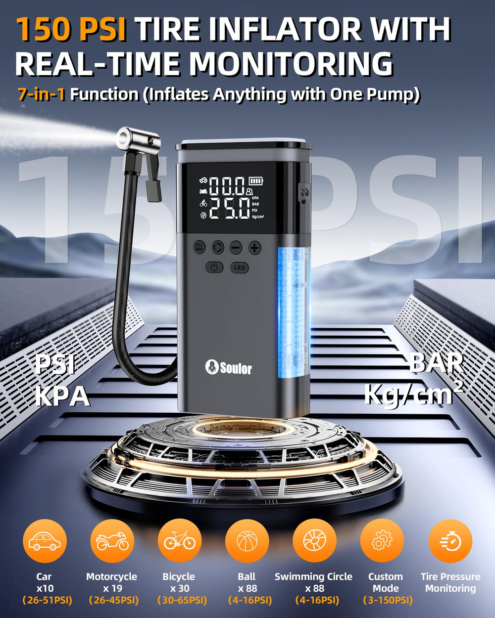 Soulor CYD22 150psi inflator display shows real-time pressure