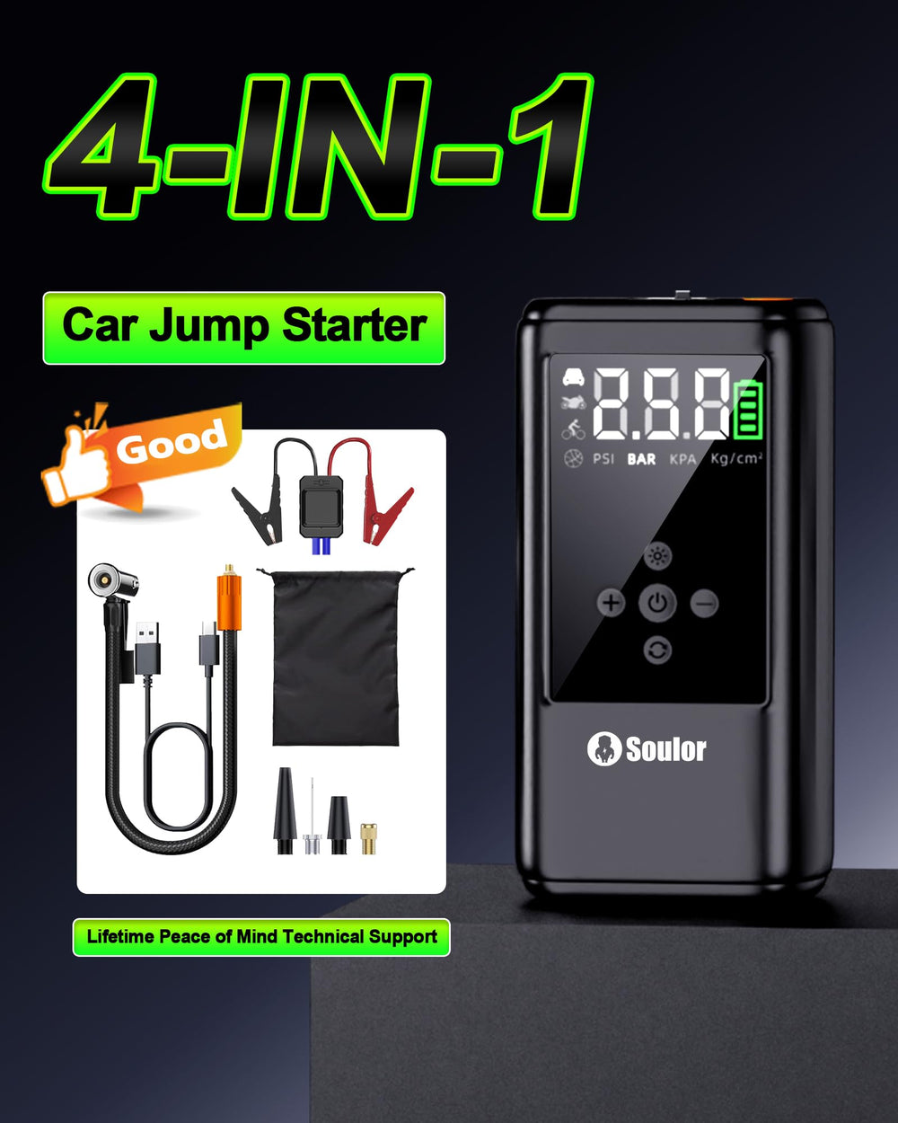 Soulor CYD24 heavy-duty jumper cables included for reliability.