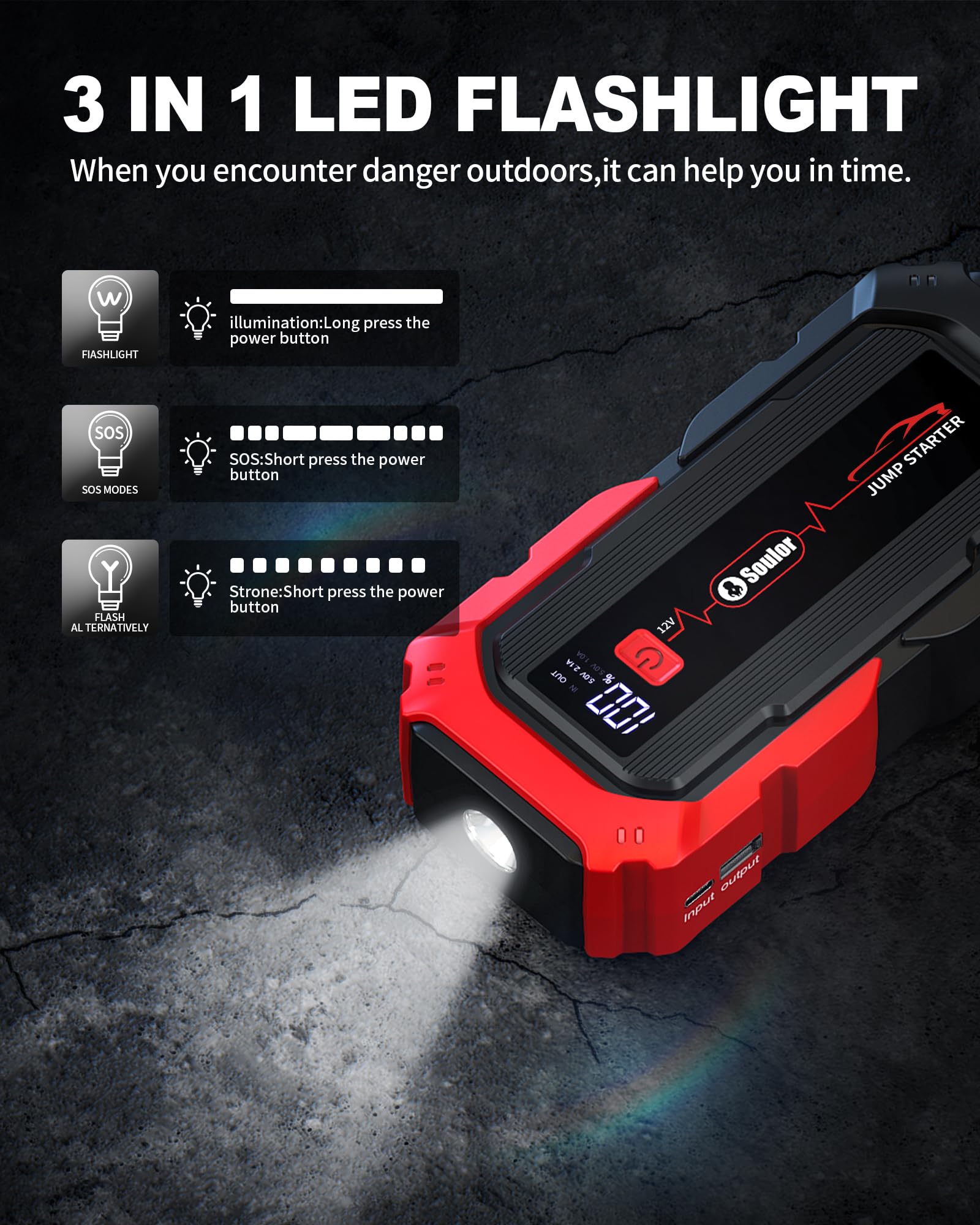 Soulor Jump Starter 3-mode LED light for flashlight, strobe, and SOS.