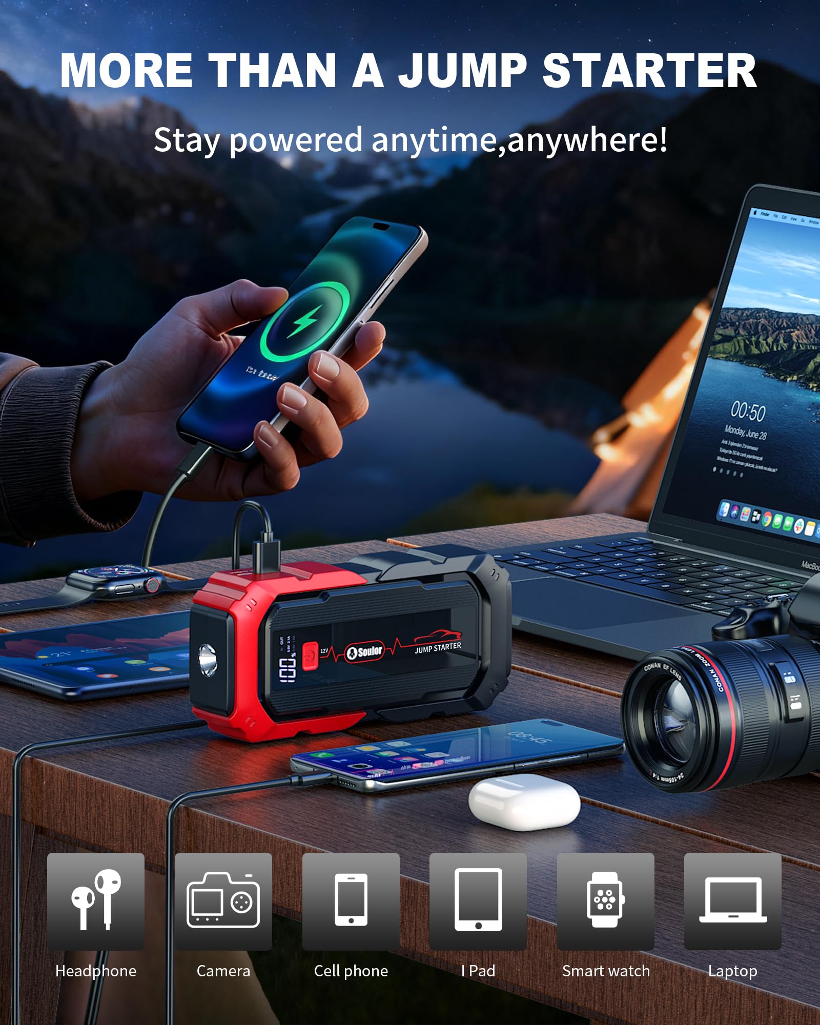 Soulor Jump Starter provides up to 40 starts per full charge for 12V engines.