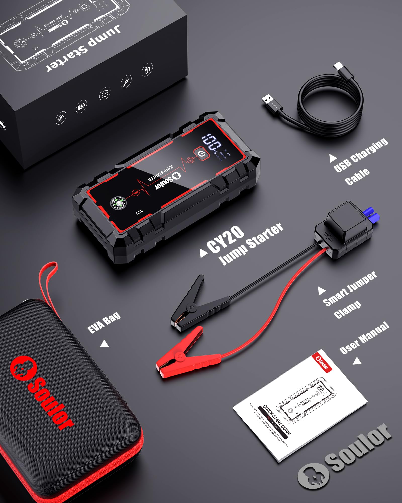 Soulor Jump Starter 5000A EVA-case included for storage.