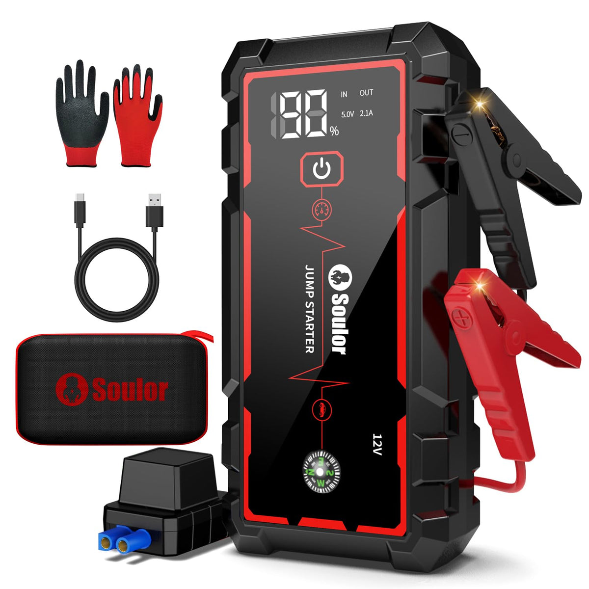 Soulor Jump Starter 5000A front view shows compact, portable emergency power.