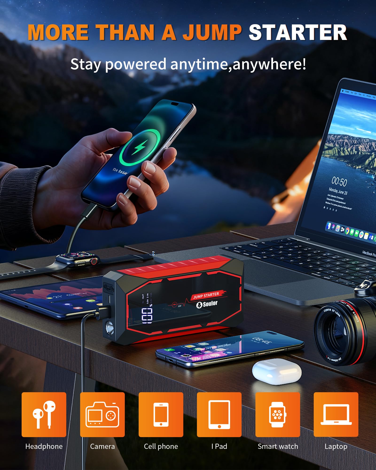 Soulor Jump Starter 5000A LED lights for night visibility
