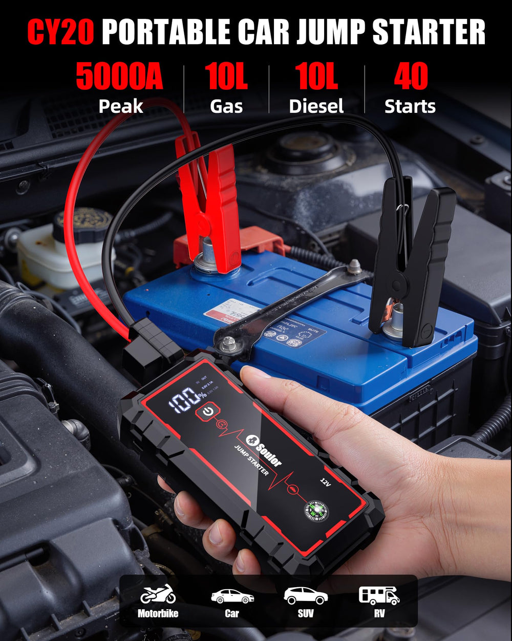 Soulor Jump Starter 5000A side view highlights portable form factor.