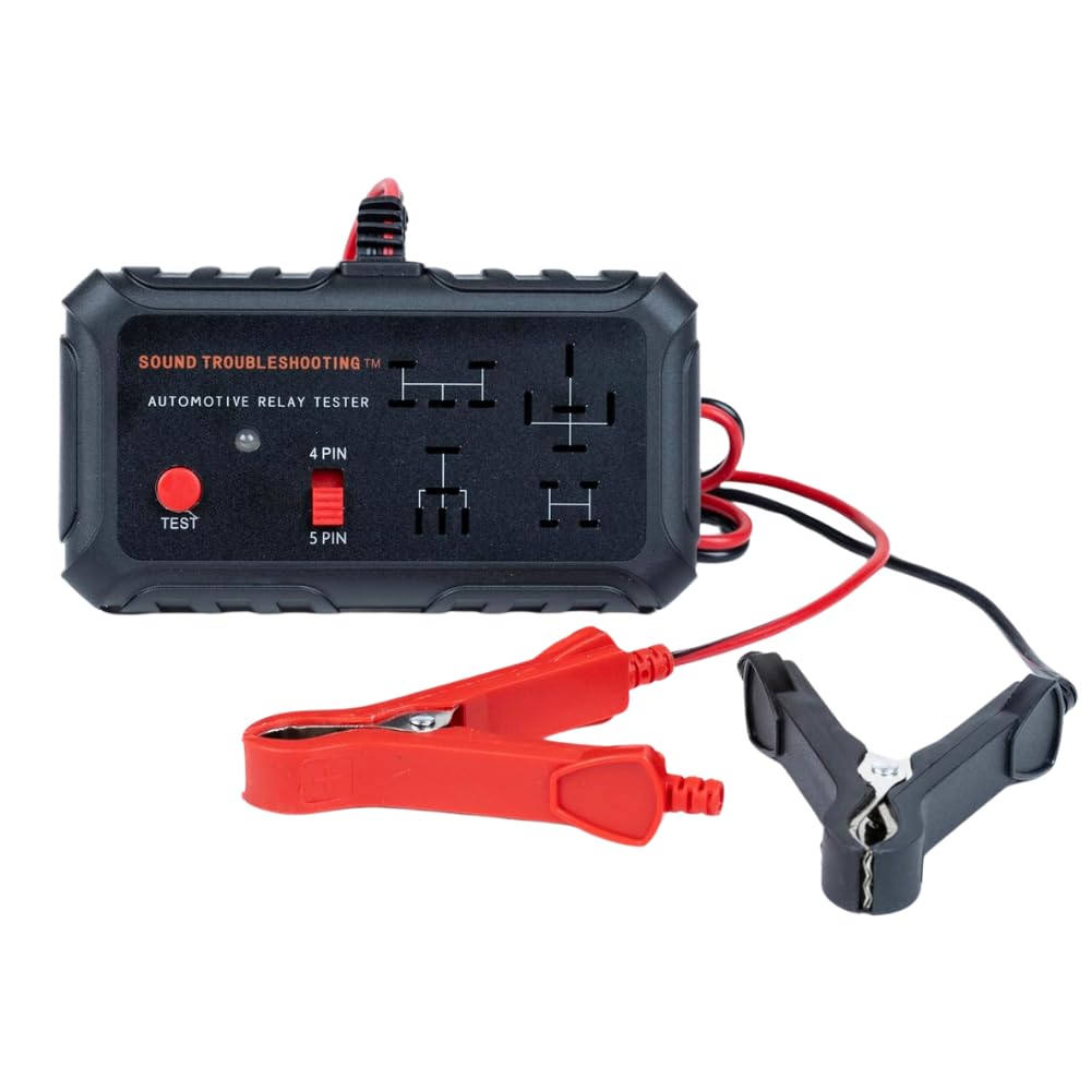Sound Troubleshooting relay tester 4-pin in-use with green light indicating healthy relay.