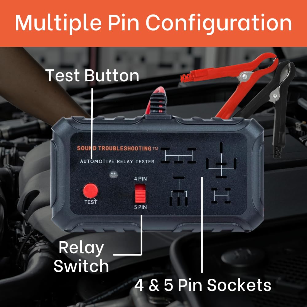 Sound Troubleshooting relay tester 5-pin in test mode confirms proper relay operation.
