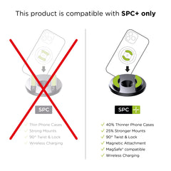 Box contents show SPC+ anti vibration module, two screws, and adapter for quick setup