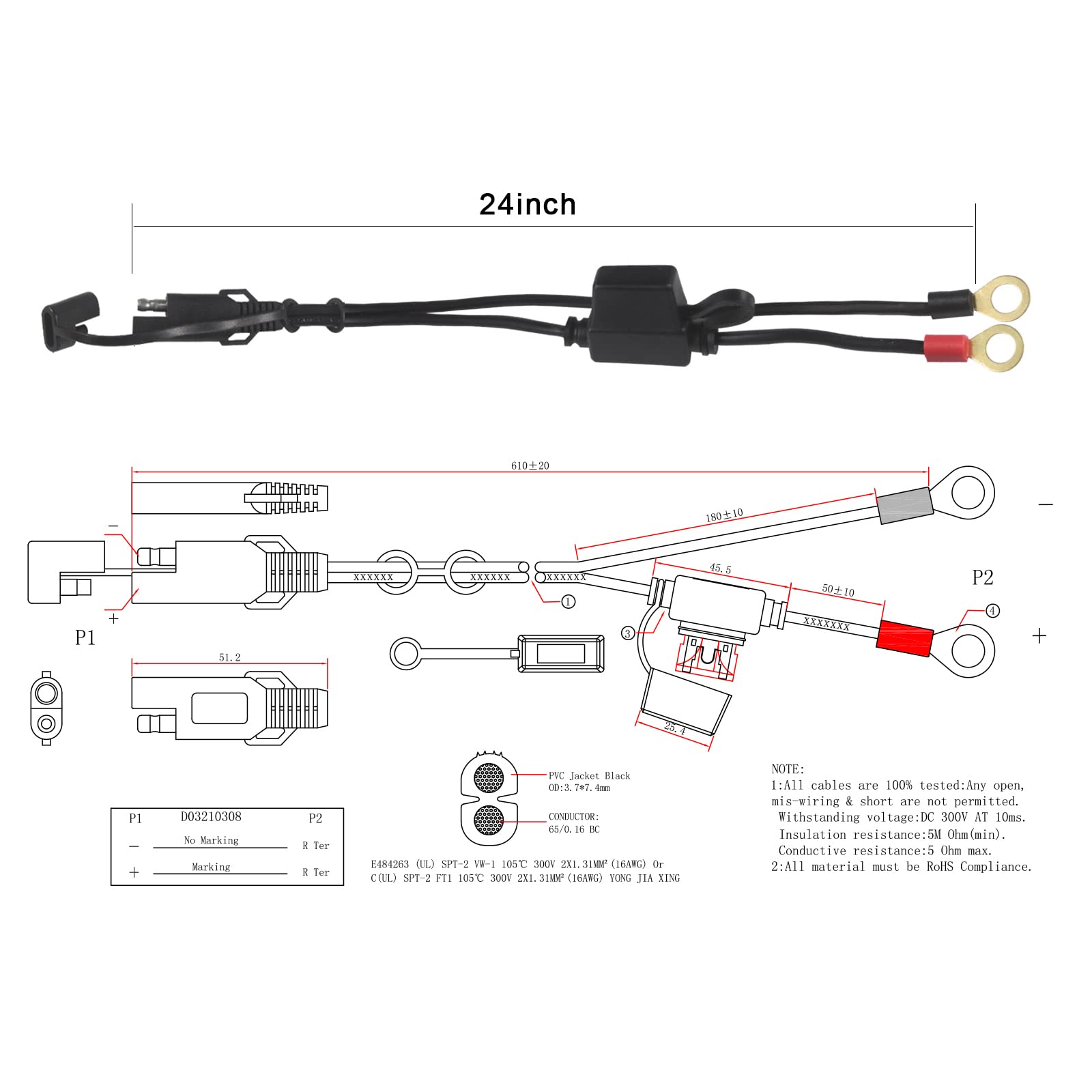 SPARKING eyelet ring terminal cable 16AWG provides reliable vehicle power access.