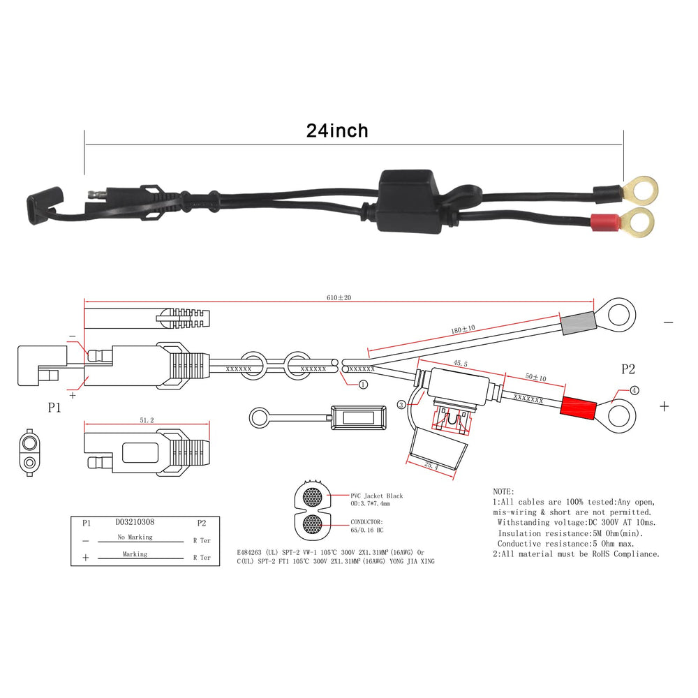 SPARKING eyelet ring terminal cable 16AWG provides reliable vehicle power access.