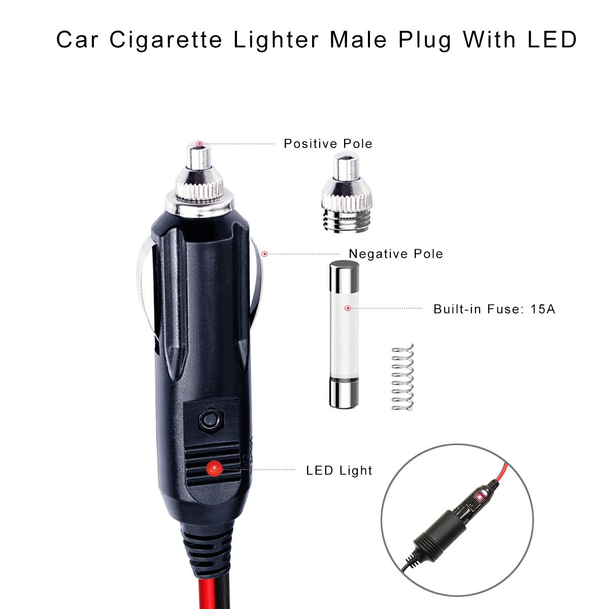 SPARKING cigarette plug with LED indicator and 15A fuse for safety