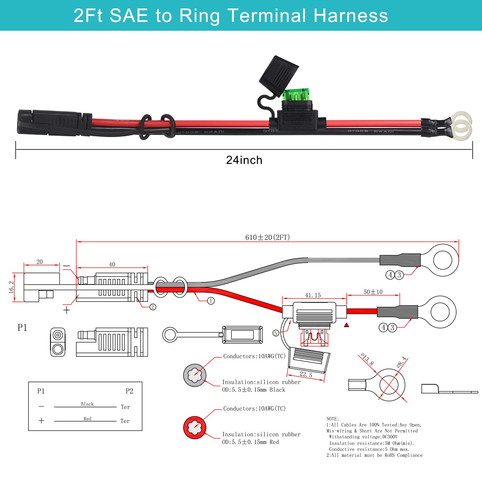 SPARKING SAE to eyelet terminal 2ft 10AWG with 30A fuse for secure connections