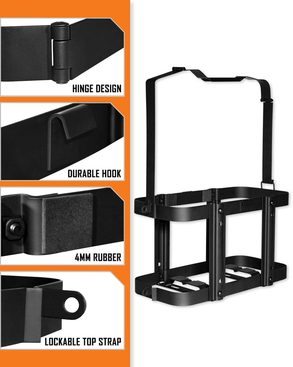 SparkWhiz Jerry Can Holder rugged black coating resists rust for outdoor use