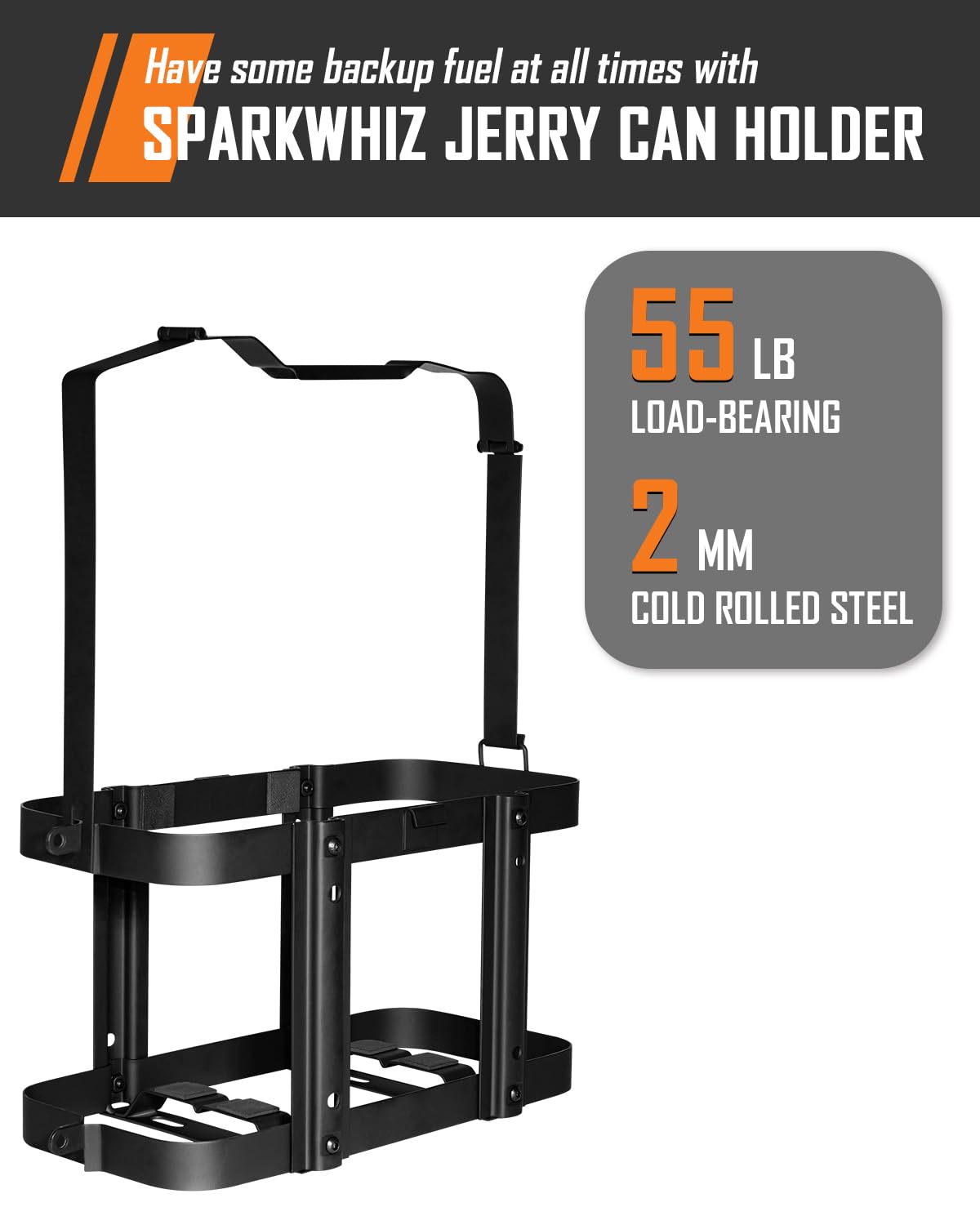 SparkWhiz Jerry Can Holder locking strap keeps fuel can secure during travel
