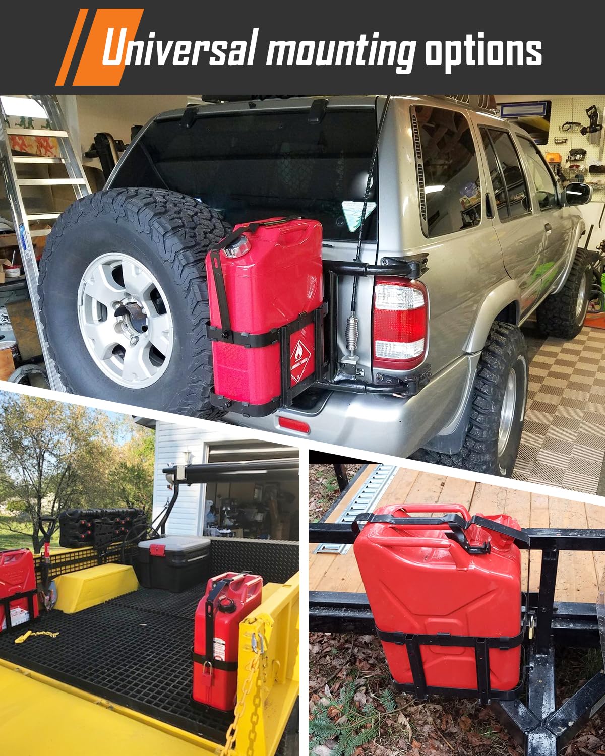 SparkWhiz Jerry Can Holder side mount showing space-saving design for cargo racks