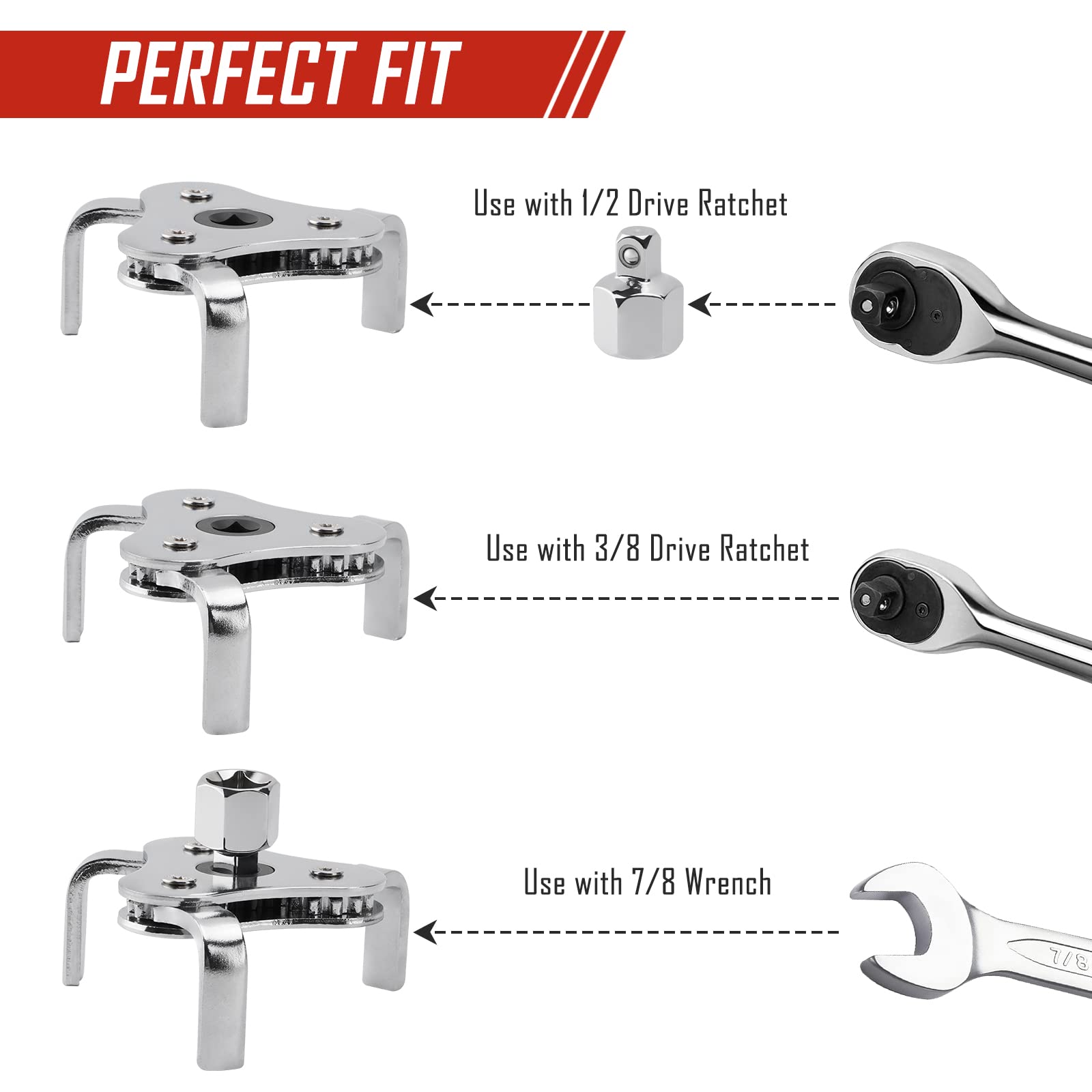 SparkWhiz adjustable 3-jaw wrench grips a range of filter sizes securely.