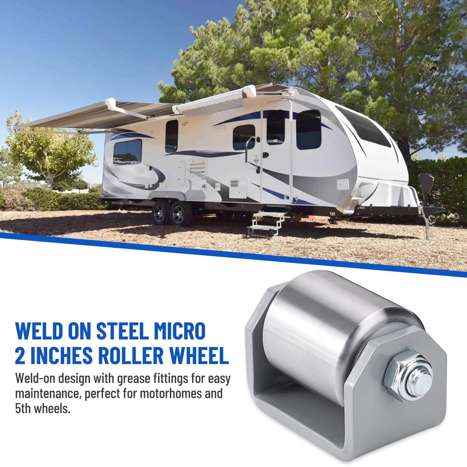 SPARKWHIZ roller base plate view emphasizes compact mounting for RV frames.