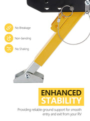 SparkWhiz RV Step Stabilizer with adjustable legs extended to balance on rough terrain.
