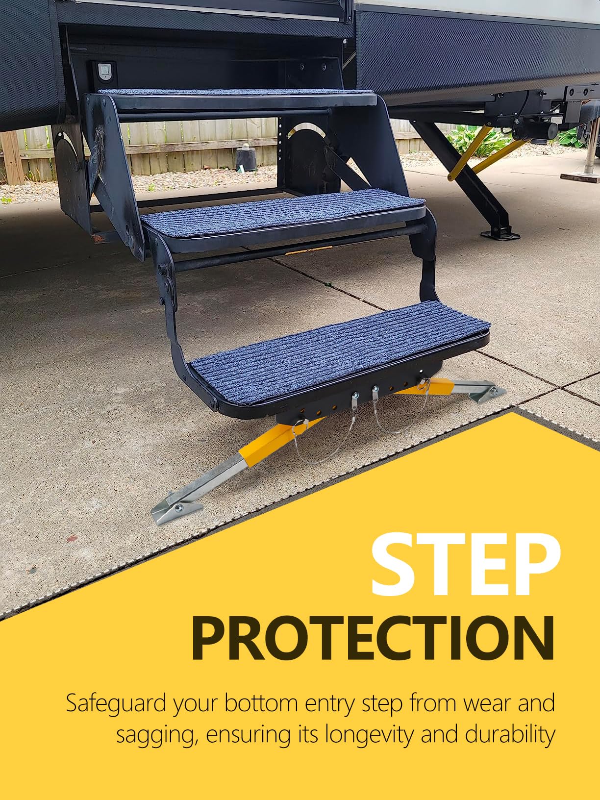 SparkWhiz RV Step Stabilizer demonstrating compatibility with Steel Radius steps.
