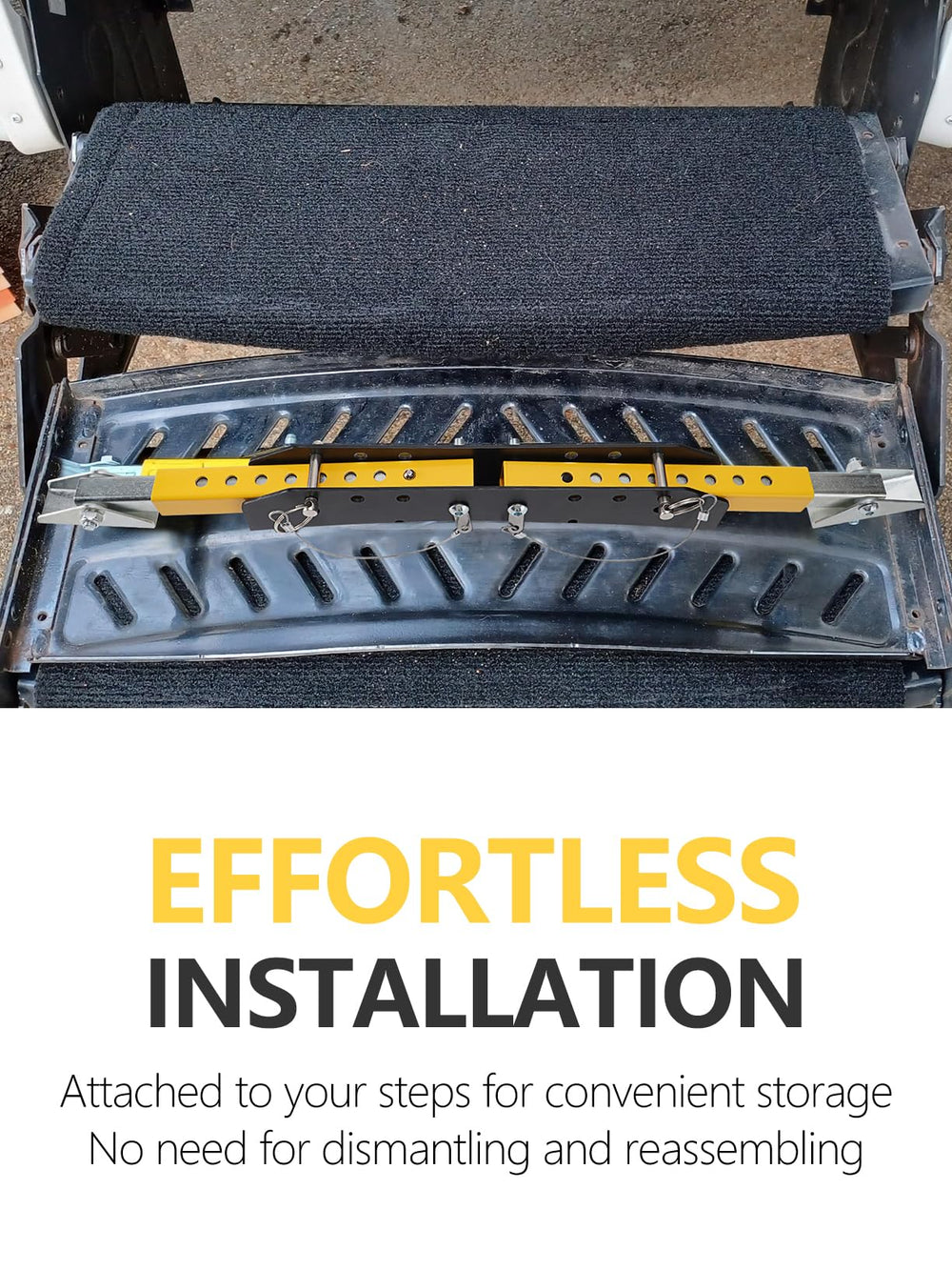 SparkWhiz RV Step Stabilizer under the entry step to support the frame and prevent sagging.