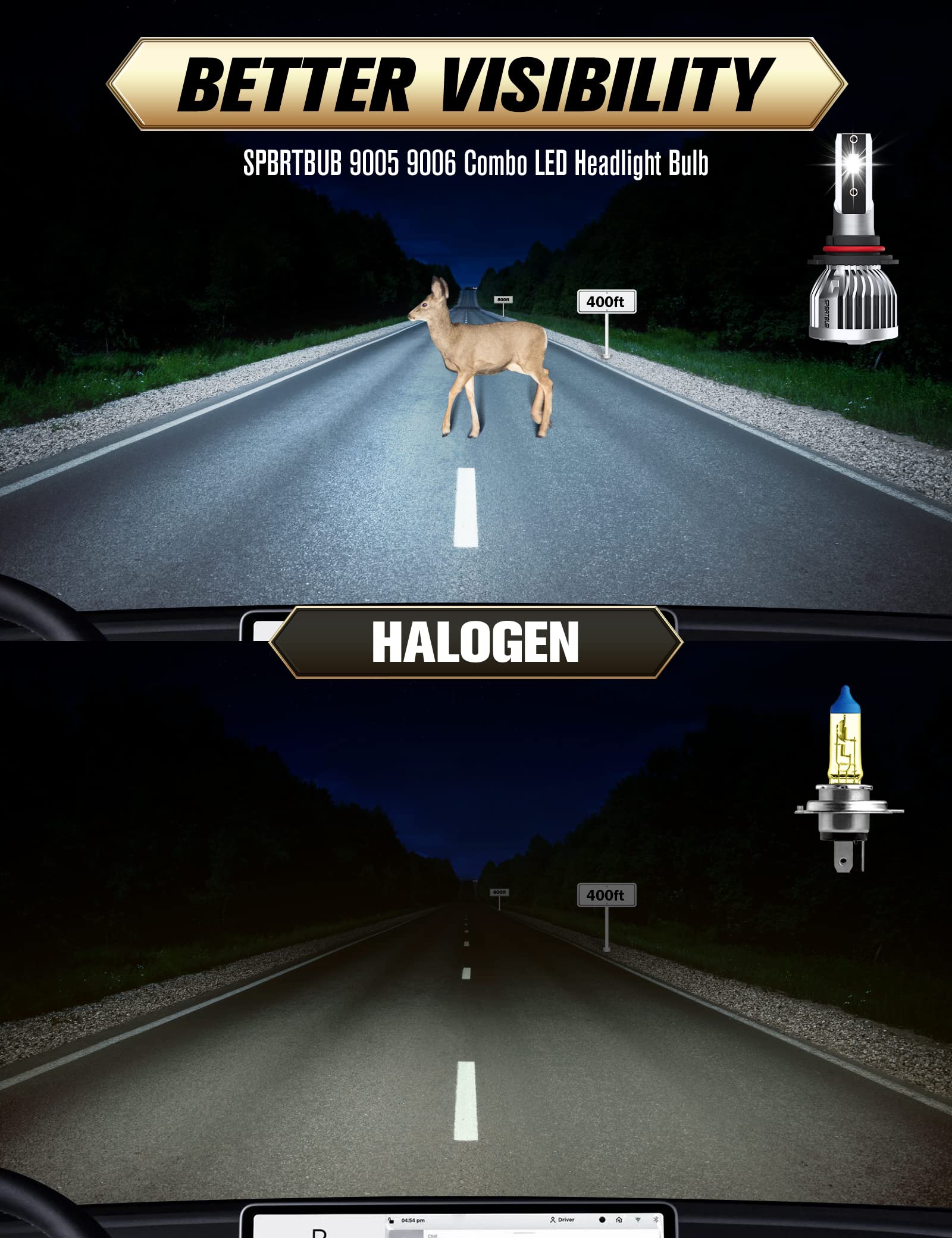 SPBRTBUB 9005 H11 LED bulbs installed in Ford F-150 for brighter night visibility.