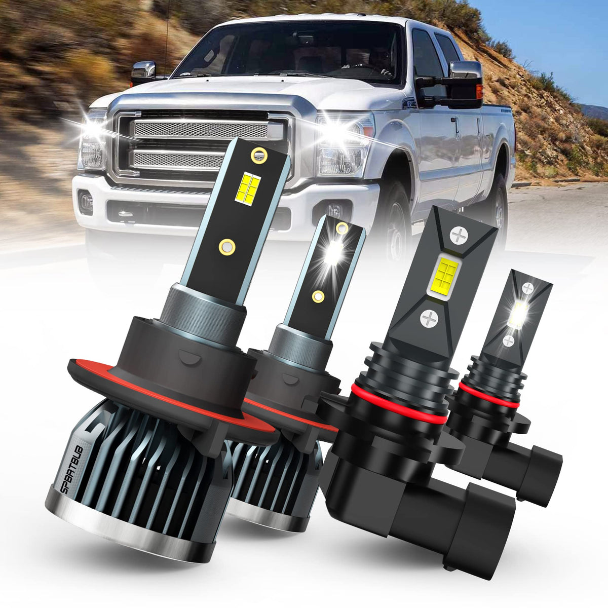 SPBRTBUB Ford LED bulbs 9008-9145 4-pack for brighter night visibility and easy installation.