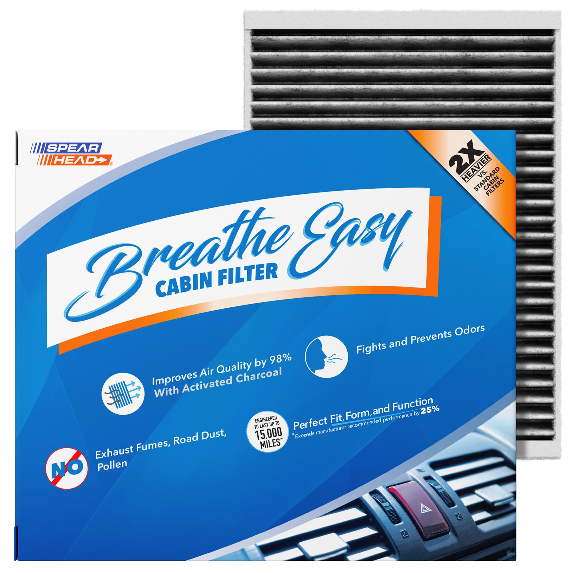 Spearhead Breathe Easy AC filter front view for Volvo; cabin air protection.